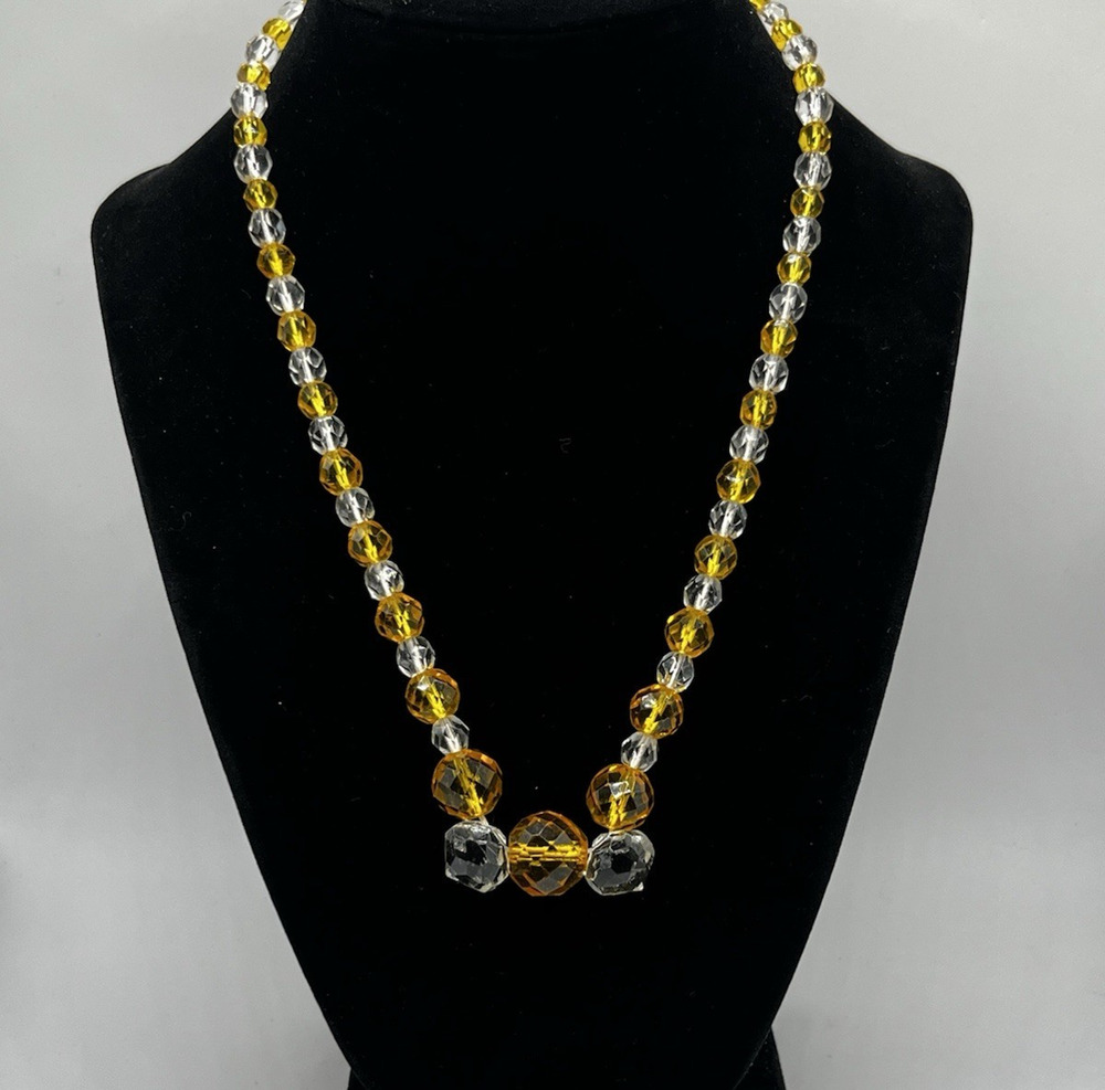 Vintage Faceted Glass Beaded Necklace Clear & Gold Yellow 14K GF Clasp MCM 18"